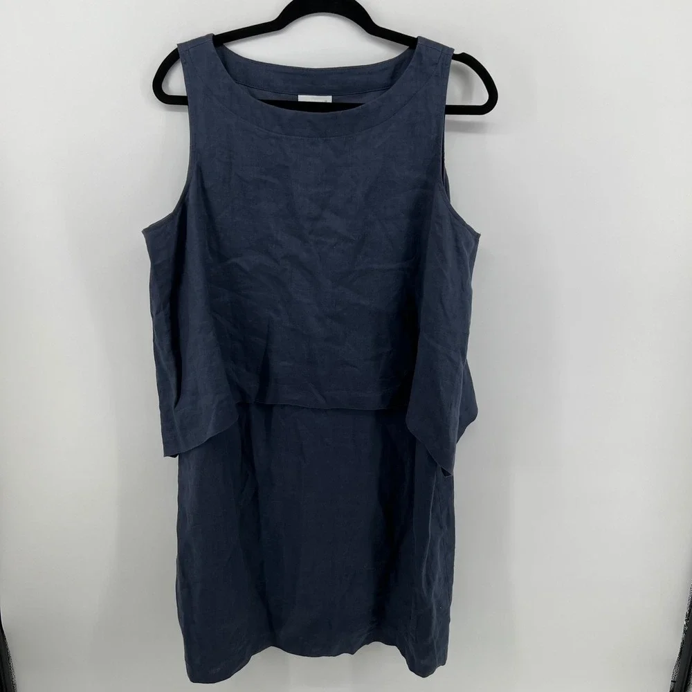 Pure Jill Navy Blue Linen Layered Shift Dress Women's Large Petite Sleeveless